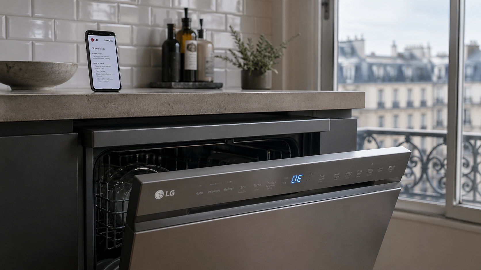 Lave-vaisselle LG affichant un code à deux lettres sur l'écran tactile